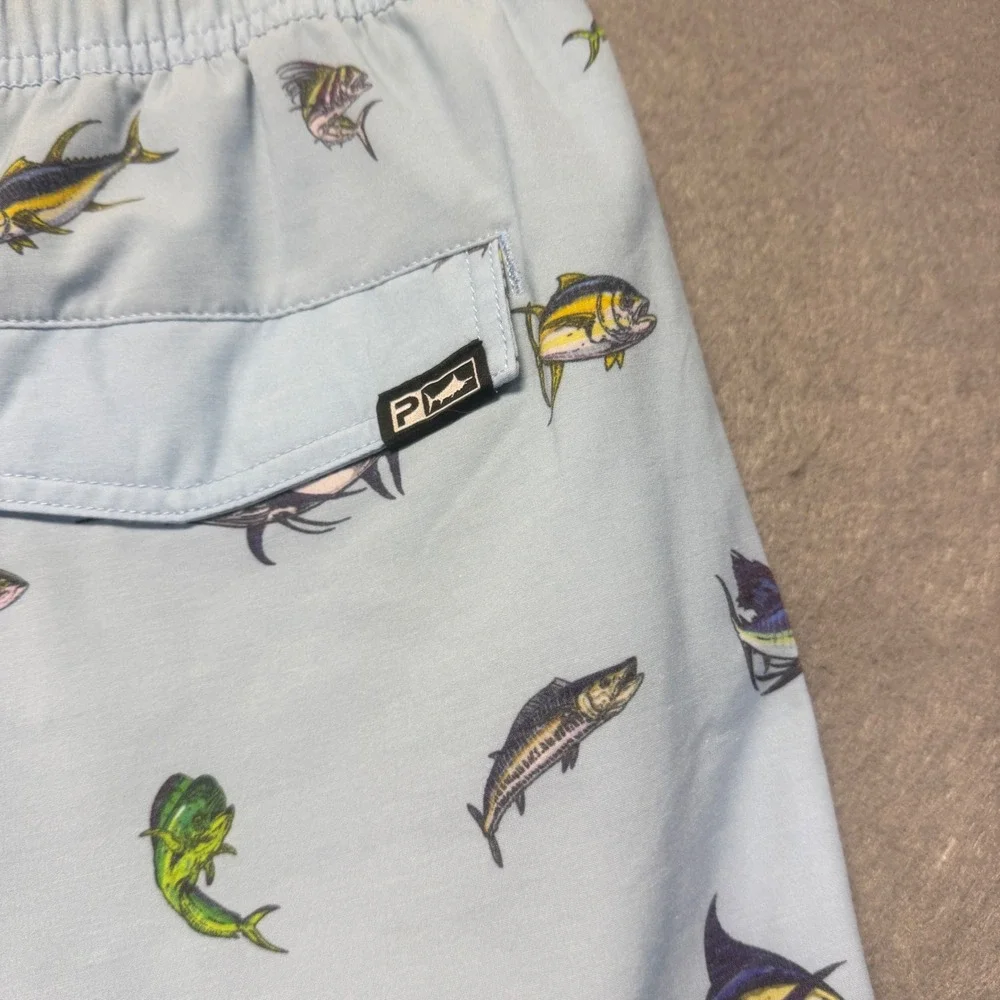 Pelagic Mens XL Light Blue Fish‎ Print Fishing Shorts 34x7 Stretch Marlin Tuna